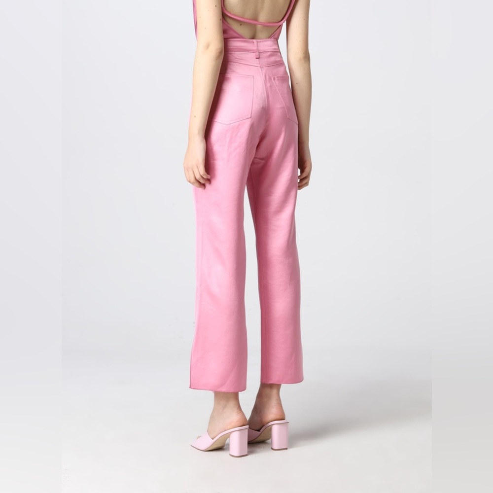 NWT $525 Nanushka Vaeda Navy Glossy Satin 5 Pocket Cropped Flare Pants with Slit - Picture 4 of 9